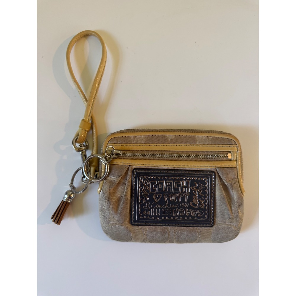 Coach Poppy Signature Jacquard Wristlet Wallet Khaki Gold Tassel 44101